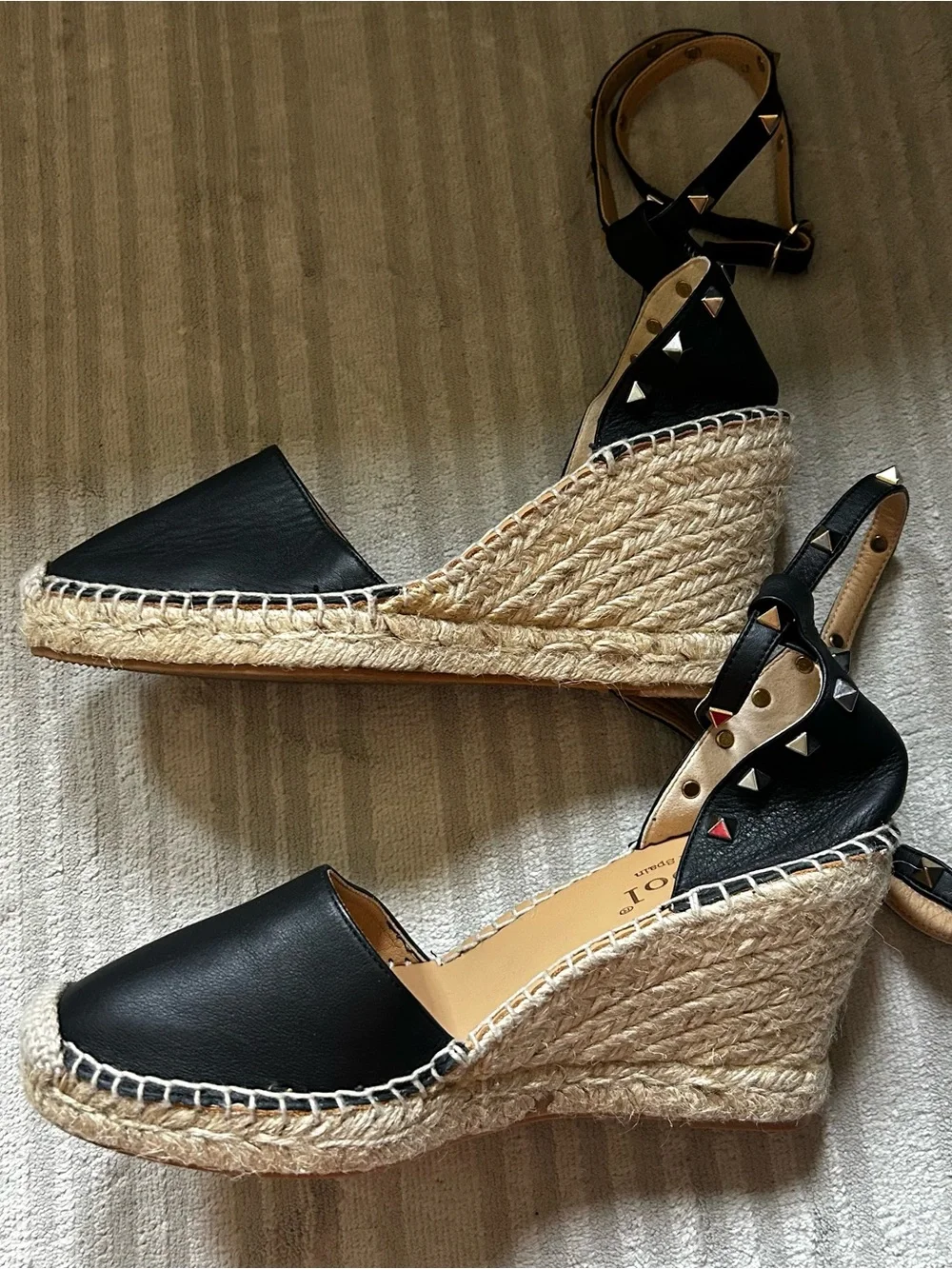 Black Studded Ankle-Tie Espadrille Wedge